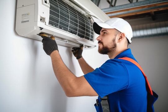 Air conditioning technician servicing a wall-mounted AC unit in Avondale, AZ
