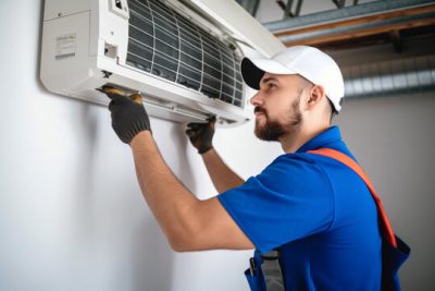 360_F_621046421_Vcay4nYa8ozdeodOQVDfES6MRrC6N3b8 Air conditioning technician servicing a wall-mounted AC unit in Avondale, AZ