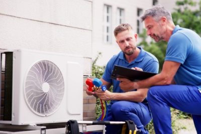 ac-installation-in-claremont-ca HVAC technicians reviewing an outdoor air conditioning unit in Avondale, AZ